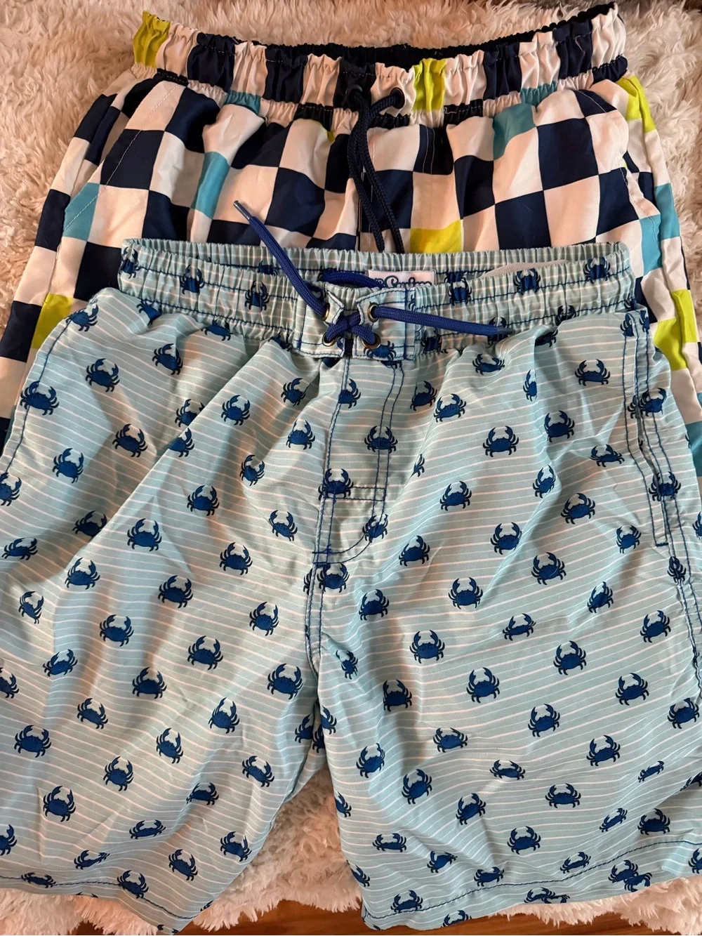 Light Blue Kids' Crab-Print Swim Trunks